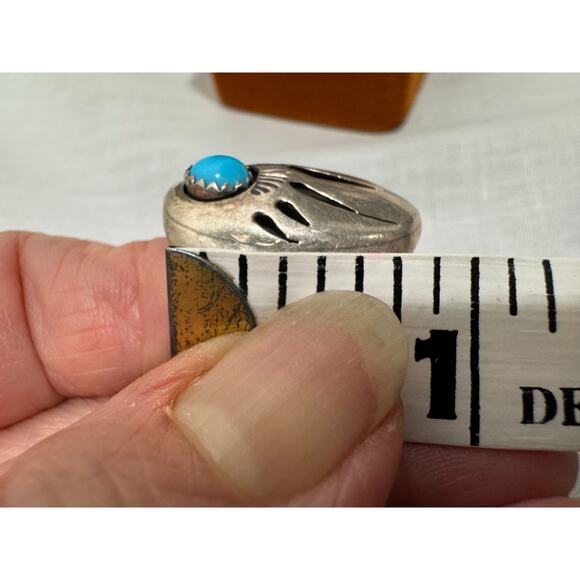 Vintage Navajo Turquoise Bear Claw Ring Sterling Silver Sz 8 8.5 Signed R - Picture 2 of 6